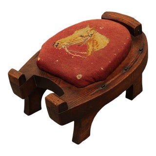 Antique Solid Oak Needlepoint Horseshoe Footstool For Sale