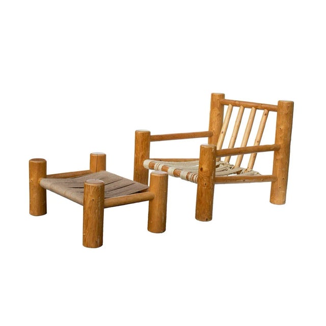 USA, 1980s Hand hewn solid pine log armchair and matching ottoman. Incredible piece for your modern cabin, lodge, or...