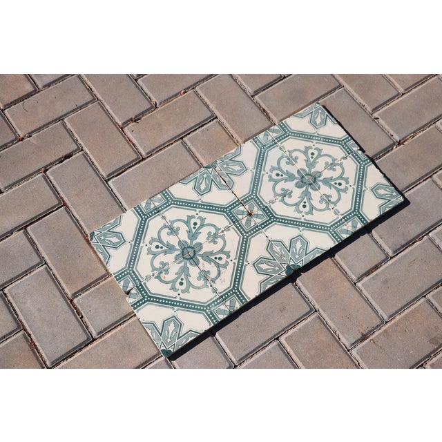 Art Deco Tiles Set of 8 Large Portuguese Sage Green & White Floral Geometric Design c.1920s For Sale - Image 9 of 16