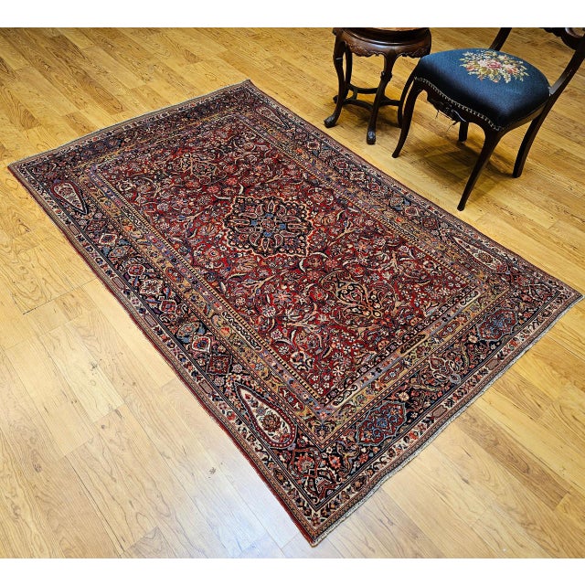 Early 20th Century Persian Kashan Rug, Hand-Knotted Wool & Cotton, Floral Design, Red & Navy, 5x7 For Sale - Image 16 of 16