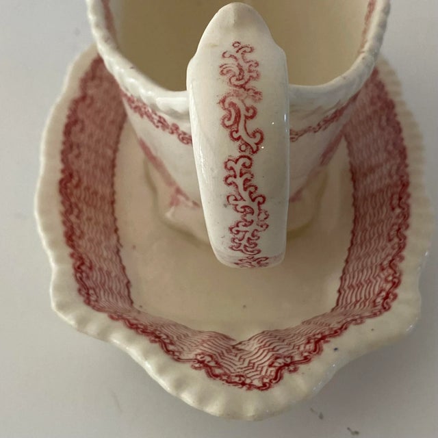 Pink 1950s Adams Mazara Red Pink Transferware Gravy Boat & Attached Underplate For Sale - Image 8 of 10