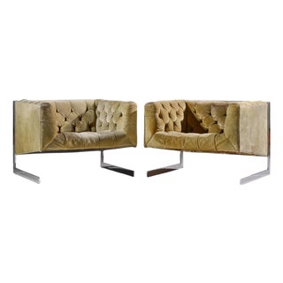 Milo Baughman for Thayer Coggin Mid Century Cantilever Steel Tufted Lounge Chairs - Pair For Sale