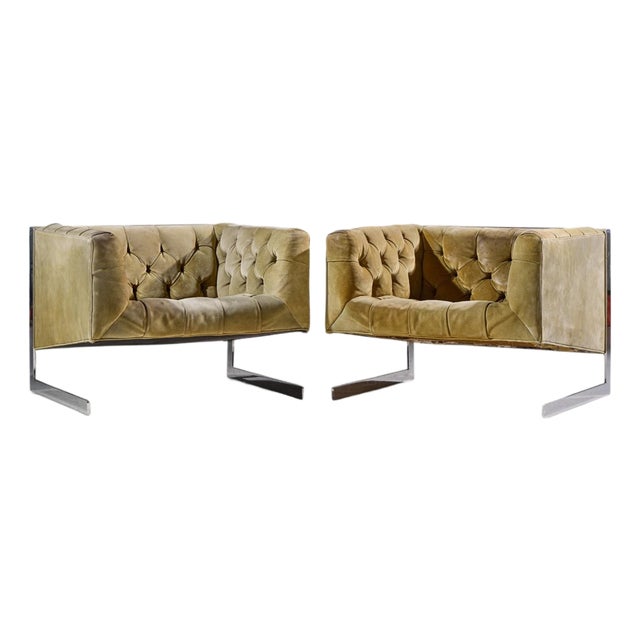 Milo Baughman for Thayer Coggin Mid Century Cantilever Steel Tufted Lounge Chairs - Pair For Sale