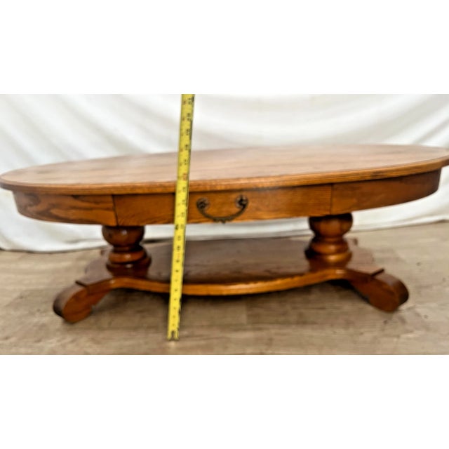 Oval Coffee Table Tiger Oak, Center Drawer, Shelf, Empire Style, Made by Heirloom Enterprises Inc. For Sale - Image 9 of 12