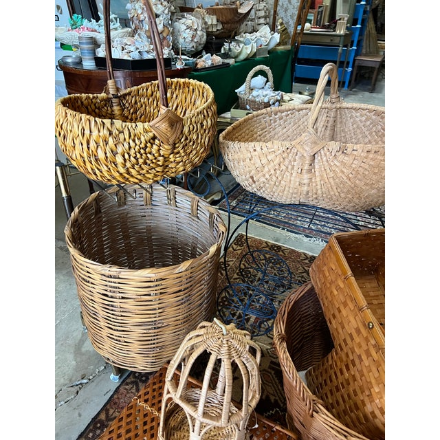 Wood Vintage Hand Woven Wicker Basket With Brown Handle For Sale - Image 7 of 10