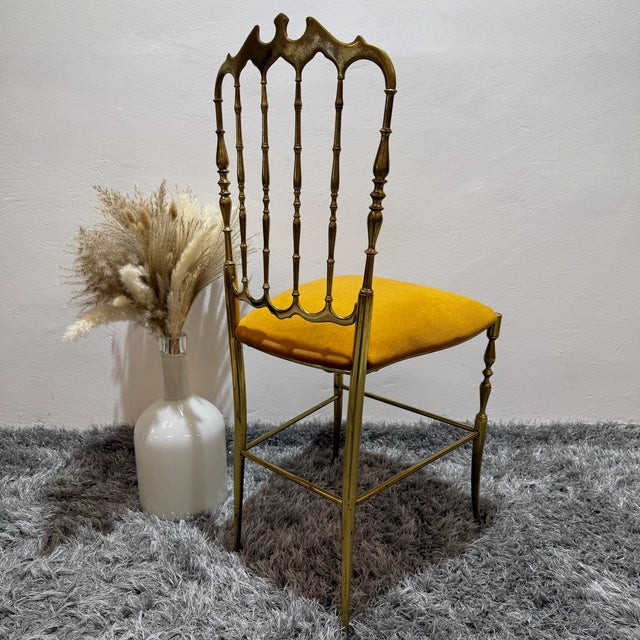 Metal Vintage Italian Chiavari Chair in Brass with Yellow Velvet Upholstery, 1950s For Sale - Image 7 of 12