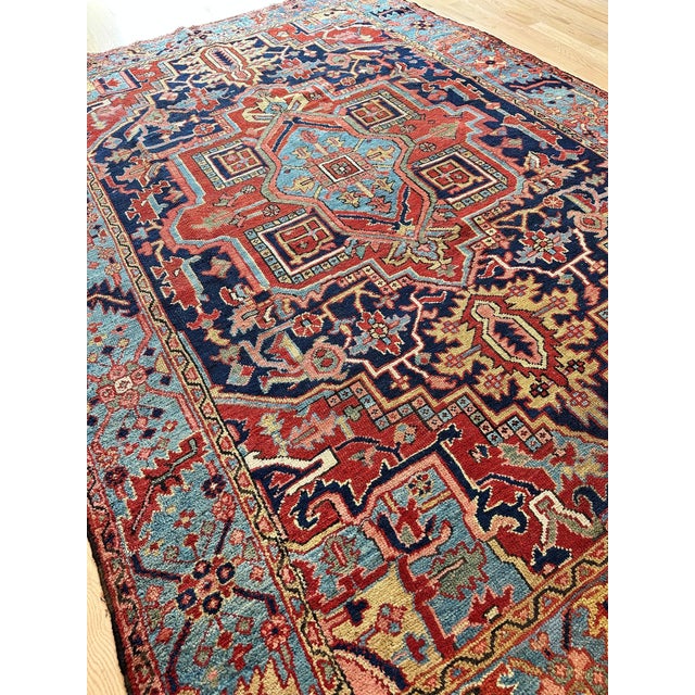 Antique Persian Heriz Carpet Handmade Wool Oriental Rug, Navy, Light Blue, Gold For Sale - Image 12 of 18