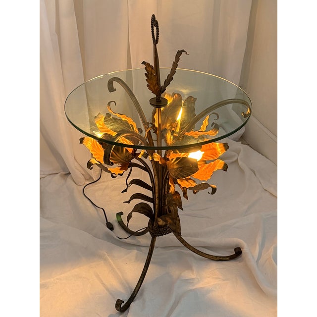 1970s Hollywood Regency Gilded Metal and Glass Flower Base Side Table by Hans Kogl For Sale - Image 5 of 14