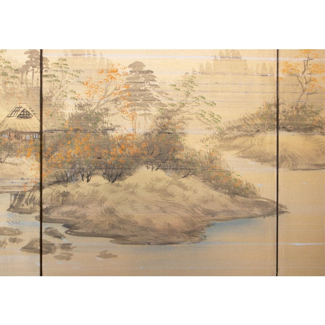 1960s Shōwa Era Japanese Byobu Screen, "Mountain Landscape With River and Bridge" For Sale - Image 12 of 18