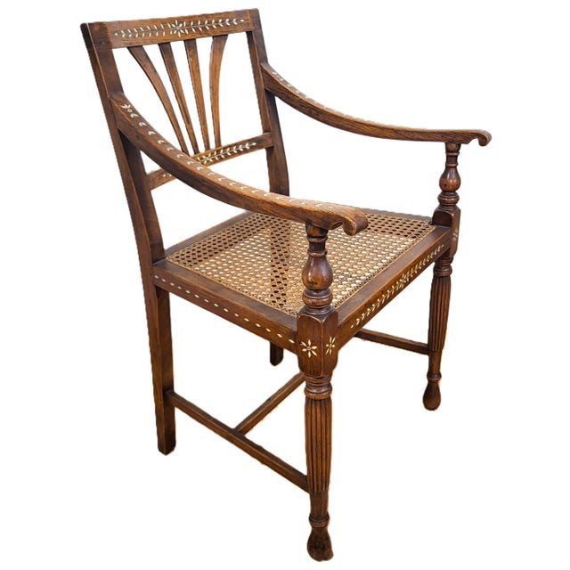 English Antique English Anglo - Indian Carved & Inlaid Caned Seat Desk Armchair For Sale - Image 3 of 18