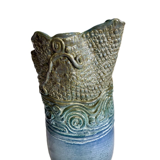 a signed Mid Century brutalist vintage 1970s ceramic art studio pottery vase featuring an intensely textured sculptural...