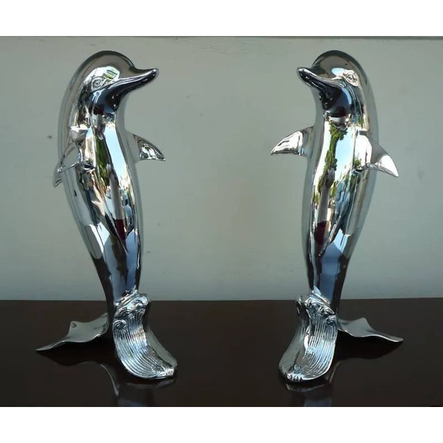 Pair of 70's Chromed Upright Swimming Dolphins For Sale In Miami - Image 6 of 6