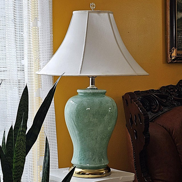 Pair of Vintage Celadon Glazed Ceramic Ginger Jar Table Lamps For Sale - Image 13 of 18