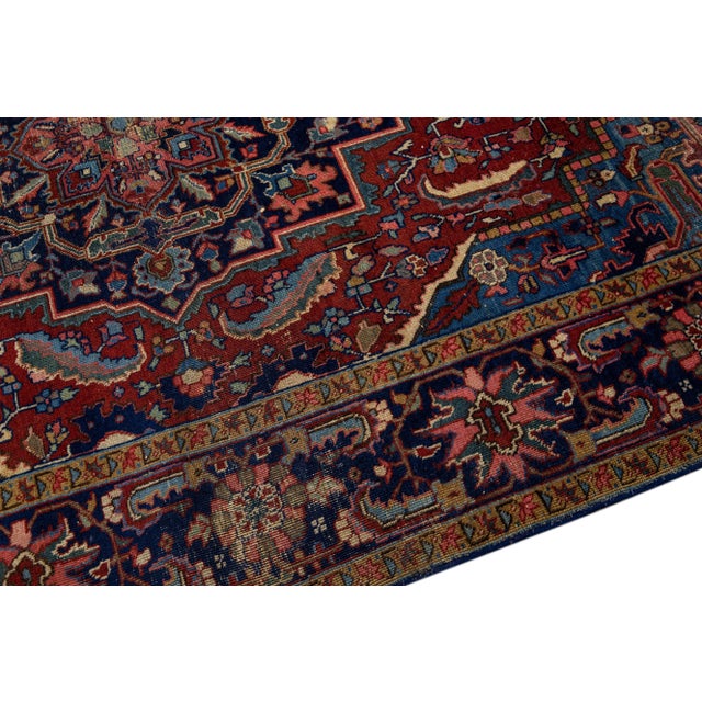 Antique Persian Heriz Handmade Allover Motif Red Wool Rug For Sale - Image 4 of 9