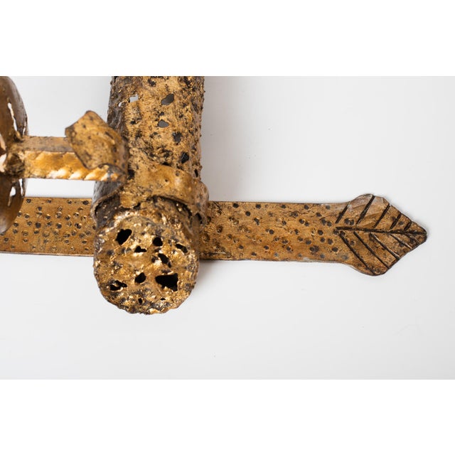 1960s Mid-Century Modern Spanish Brutalist Gilt Iron Wall Sconce, Pierced Torch Candle Light For Sale - Image 6 of 8