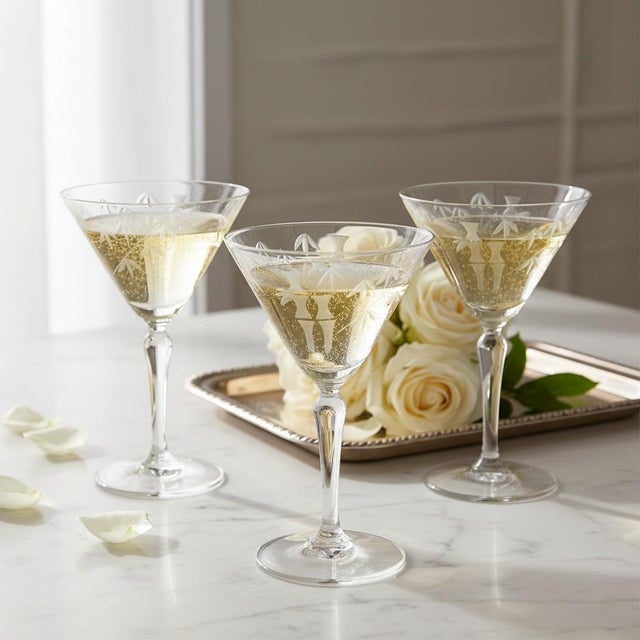 Glass Mid 20th Century Mid Century Modern Sasaki Noritake Bamboo Etched Crystal Martini Cocktail Stemmed Glasses - Set 3 For Sale - Image 7 of 10