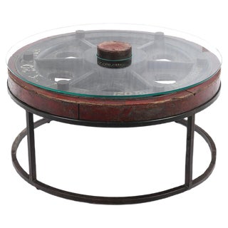 Vintage Wooden Coffee Table with Glass Top and Iron Legs For Sale