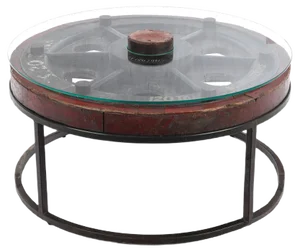 Vintage Wooden Coffee Table with Glass Top and Iron Legs