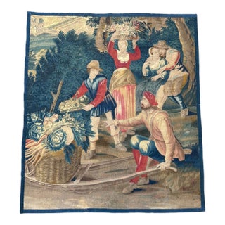 17th Century Brussels Tapestry With Figures and Floral Harvest For Sale