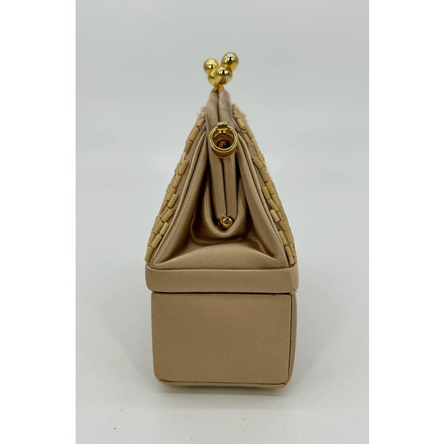 Wood Judith Leiber Vintage Tan Silk Wood Bead Sequin Two Tier Minaudiere Bag For Sale - Image 7 of 12