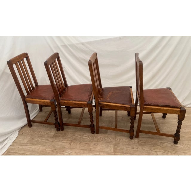 Antique Chairs Set of Four, Barley Twist Legs, Solid Oak, Brown Vinyl Seats For Sale In Palm Springs - Image 6 of 13