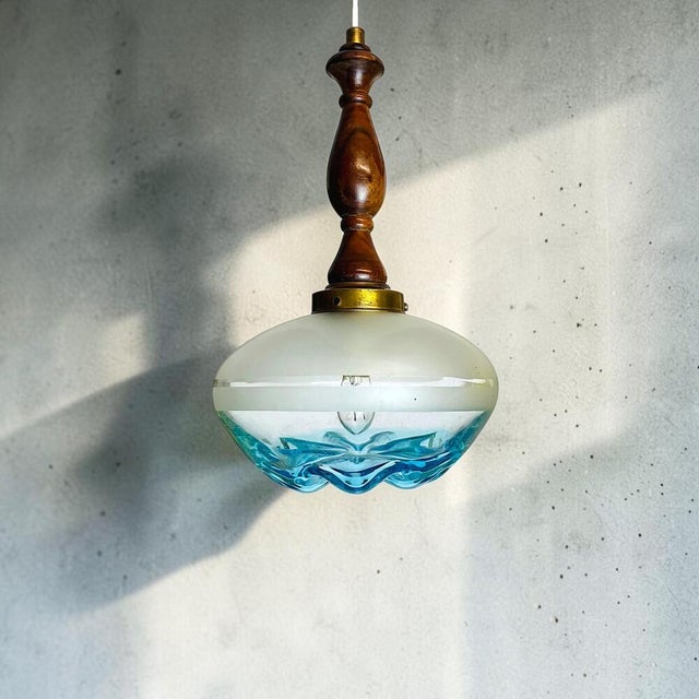 Mid-Century Modern Agua Blue Art Glass Pendant Light in Teak, 1960s For Sale - Image 11 of 11