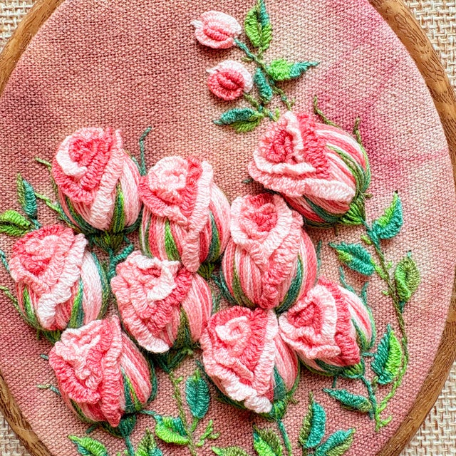 3d Rose Stumpwork Embroidery Art, Framed Botanical Sculpture, Handmade Floral Wall Decor For Sale In Los Angeles - Image 6 of 11