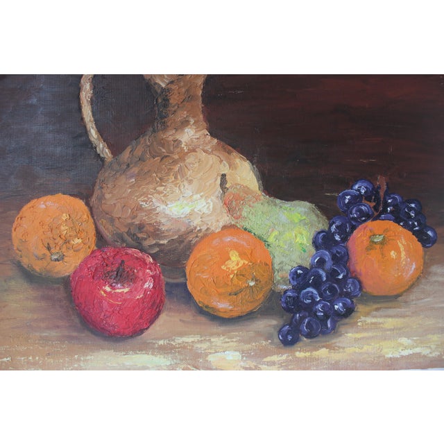 Vintage Oil Painting, Colorful Still Life With Fruit and Jug Pitcher Grapes, Unsigned For Sale - Image 6 of 10