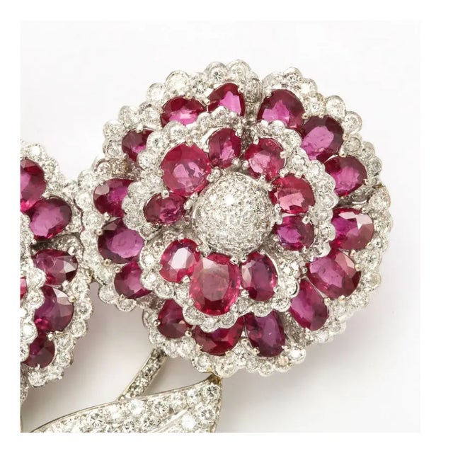 Mid-Century Modern 18kt White Gold Ruby & Diamond Brooch Ca 1950 For Sale - Image 3 of 10