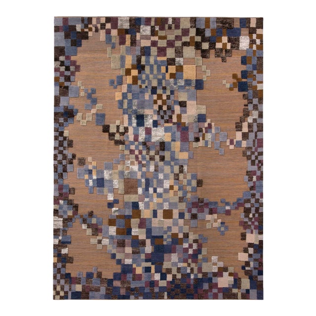 Rug & Kilim’s Scandinavian Style Geometric Beige Brown and Blue Wool Rug - 9x12 For Sale