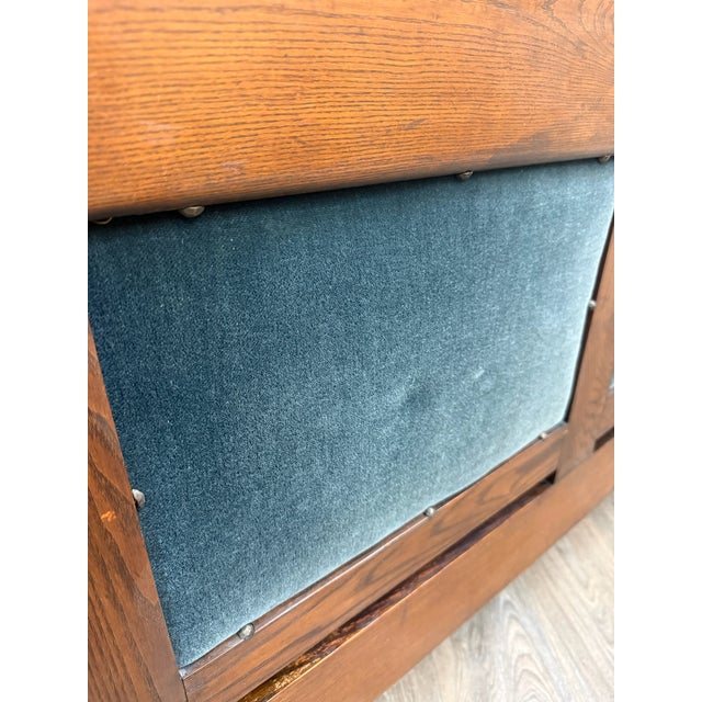 Antique Jacobean Revival Blue Velvet Upholstered Oak Hall Settee Daybed Bench For Sale - Image 17 of 18