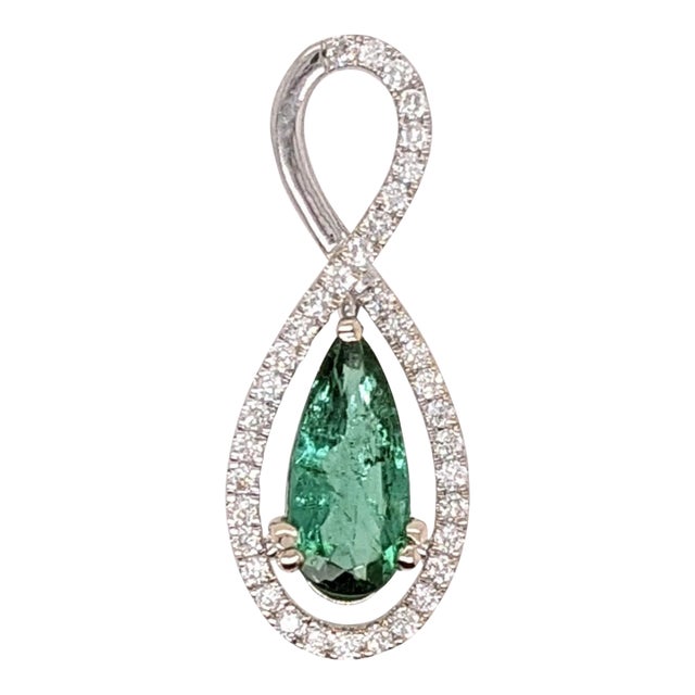 1ct Green Tourmaline Pendant with Earth Mined Diamonds in Solid 14K Gold Pear 11x5 For Sale