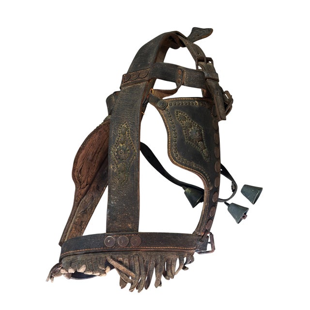 26" H by 12" W by 6" D SOLD AS IS Antique or vintage leather horse bridle with blinders (also known as blinkers or...