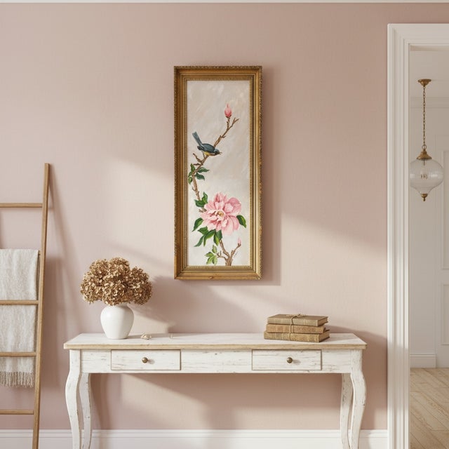 1950s Untitled Vintage Framed Signed Painting of Pink Magnolia and Blue Bird For Sale - Image 4 of 10