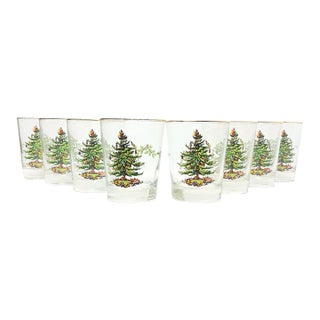 1990s Spode “Christmas Tree” Double Old Fashioned Tumbler Drinking Glasses - Set of 8 For Sale