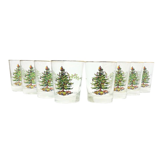 1990s Spode “Christmas Tree” Double Old Fashioned Tumbler Drinking Glasses - Set of 8 For Sale