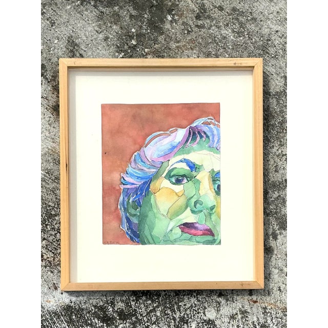 Vintage Boho Original Watercolor Portrait on Paper For Sale In West Palm - Image 6 of 9