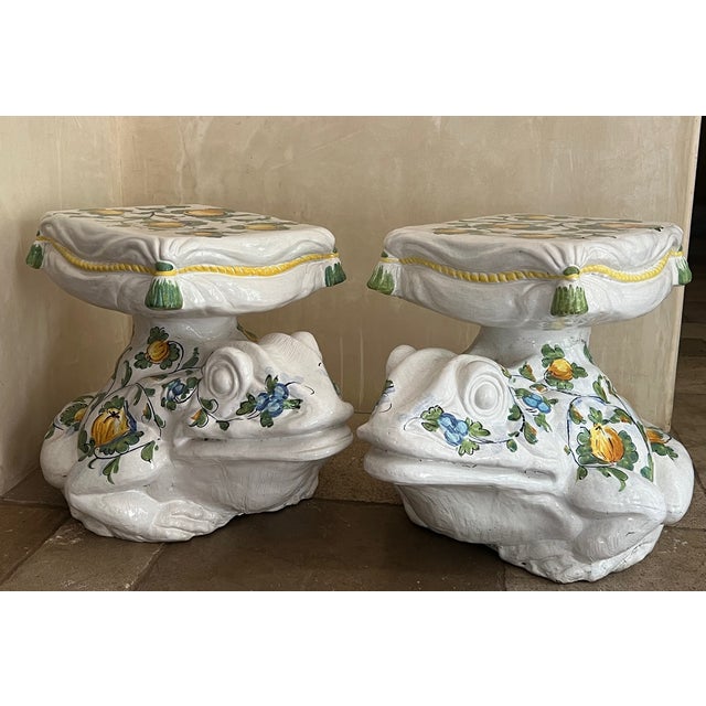 Italian ceramic glazed frog & cushion topped garden stool / side table, hand painted with flowers, oranges and vines, made...