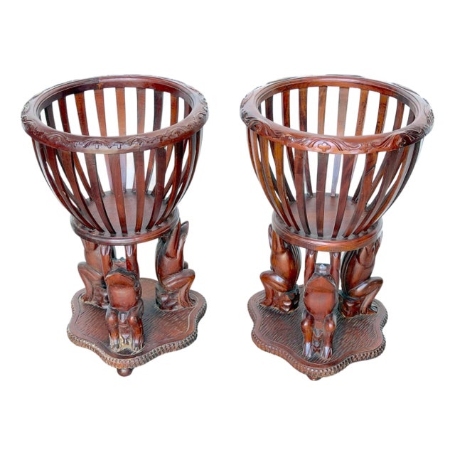 Pair of Carved Hardwood “Frog Prince” Figural Planters, Atrib. Maitland Smith For Sale