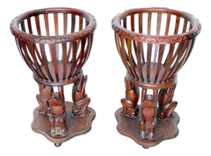 Pair of Carved Hardwood “Frog Prince” Figural Planters, Atrib. Maitland Smith