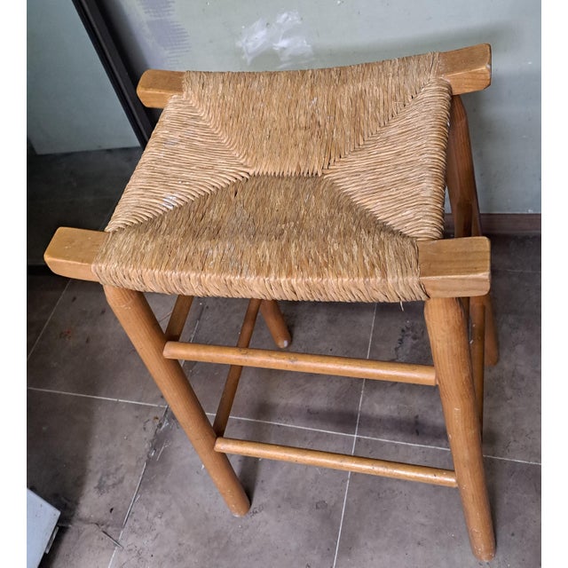 Camel 1980s Mid Century Rush Wood High Stool For Sale - Image 8 of 9