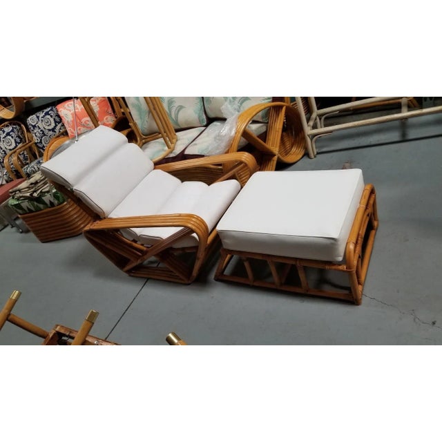 1950s Restored Rattan Four Strand Square Pretzel Chaise Lounge Chair With Ottoman For Sale - Image 4 of 7