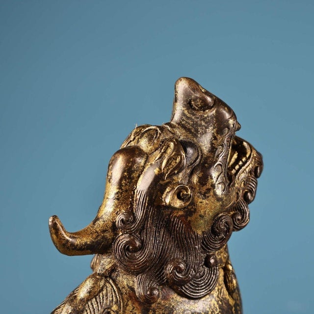 Solid Bronze Gilded Pi Yao Sculpture, Seated Fortune Beast on Bagua Octagonal Base, Chinoiserie Wealth Guardian Statue For Sale - Image 9 of 10