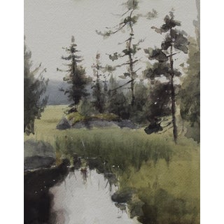 Meeting Place by Mo Myra | Watercolor on Paper Landscape with Trees and Water Reflection For Sale