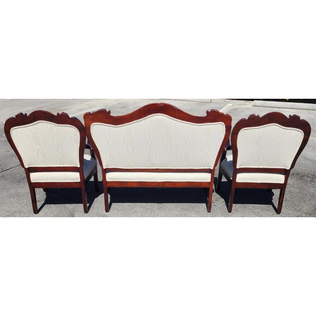 Antique Asian Rosewood Carved Foo Dogs Living Room Suite 3 Piece Sette 2 Chairs For Sale - Image 10 of 17
