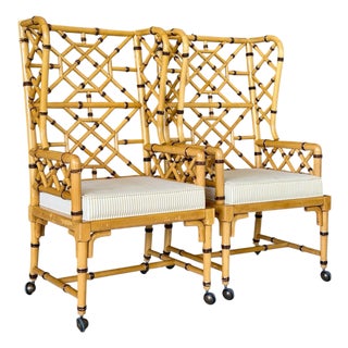Pair of Vintage Coastal Faux Bamboo Rattan Lattice Armchairs by French Heritage For Sale