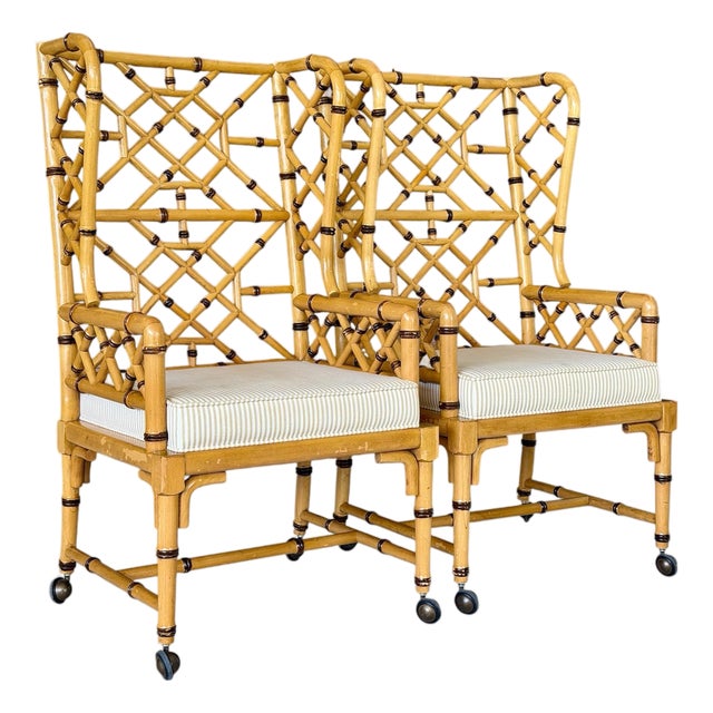 Pair of Vintage Coastal Faux Bamboo Rattan Lattice Armchairs by French Heritage For Sale