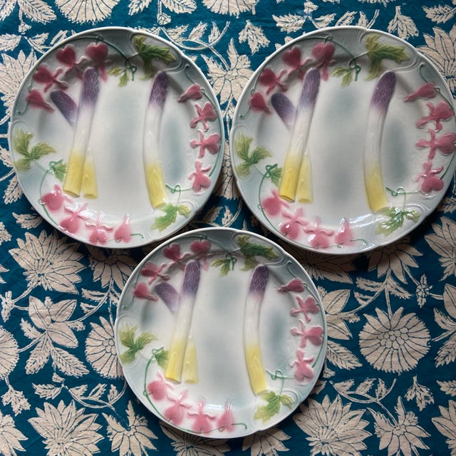 French Art Nouveau Majolica Asparagus Plates from Saint Clément, 1920s, Set of 3 For Sale - Image 9 of 9