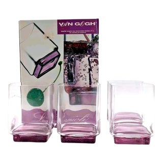 1970s Luigi Bormioli Light & Music Van Gogh Set of 4 Crystal Amethyst Rocks Glasses Square #C131vk For Sale