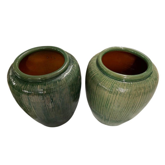 A Pair of Large Mid-Century Modern Ribbed Green Glazed Ceramic Ovoid Planters For Sale In West Palm - Image 6 of 12